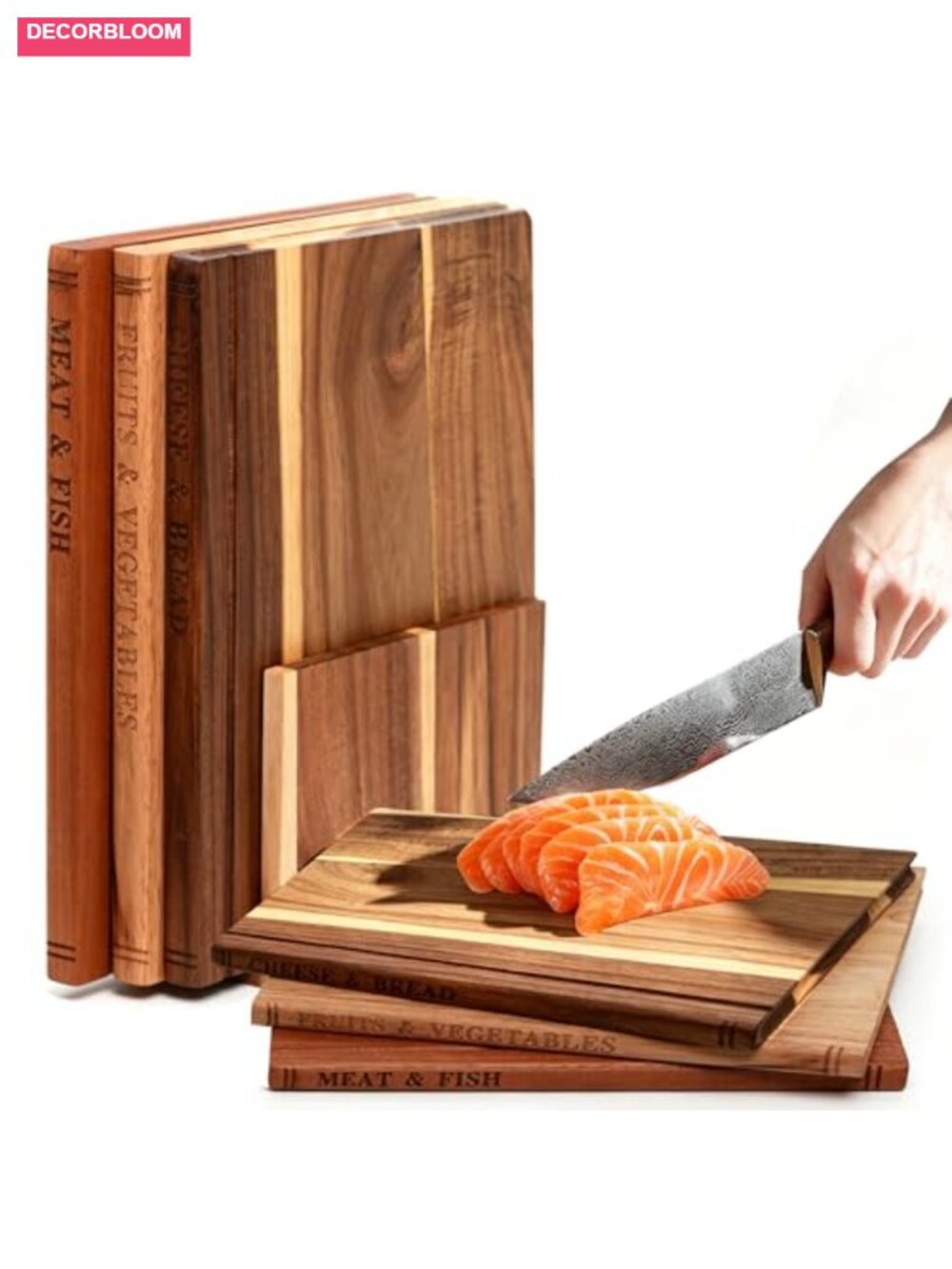 Wood Cutting Board Set of 3 Acacia Ebony Rubberwood with Stand Kitchen Gift